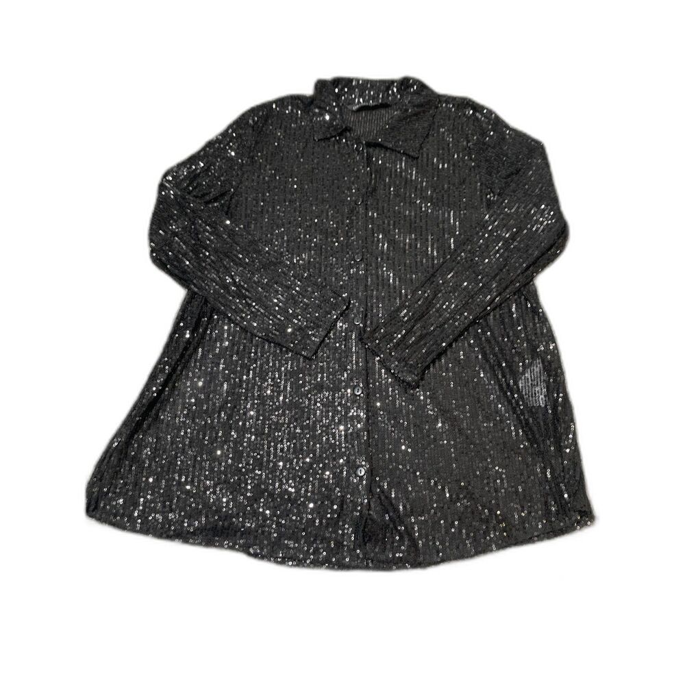 New Colleen Lopez Black Button-Front Long Sleeve Sequin Tunic L